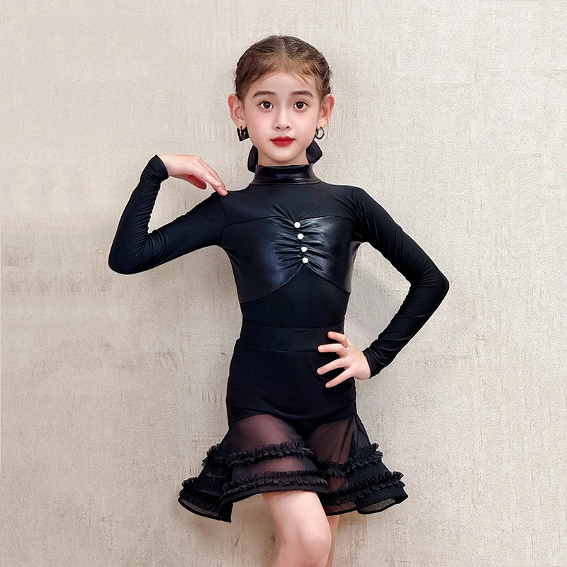 2025 Vestito da ballo latino per ragazze maniche lunghe Nero Abbigliamento da competizione Bambini Cha Cha Rumba Costume da ballo latino DNV25001