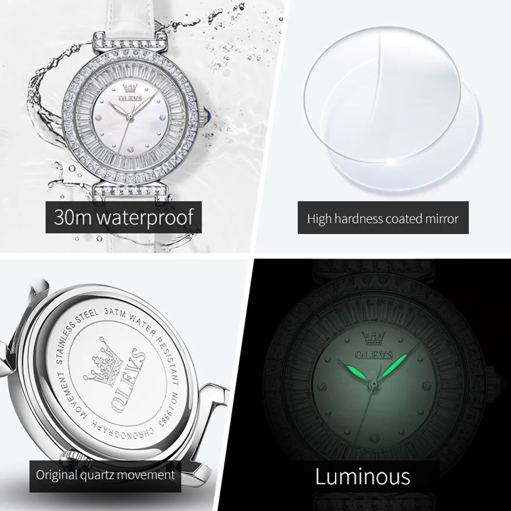 OLEVS-relojes ligeros de lujo para mujer, reloj de cuarzo Original a la moda, correa de cuero resistente al agua, esfera con anillo de diamante