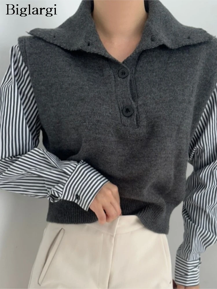 

Knitted Autumn Fake Two Piece Set Pullover Sweater Women Striped Print Patchwork Fashion Ladies Sweaters Loose Woman Sweater