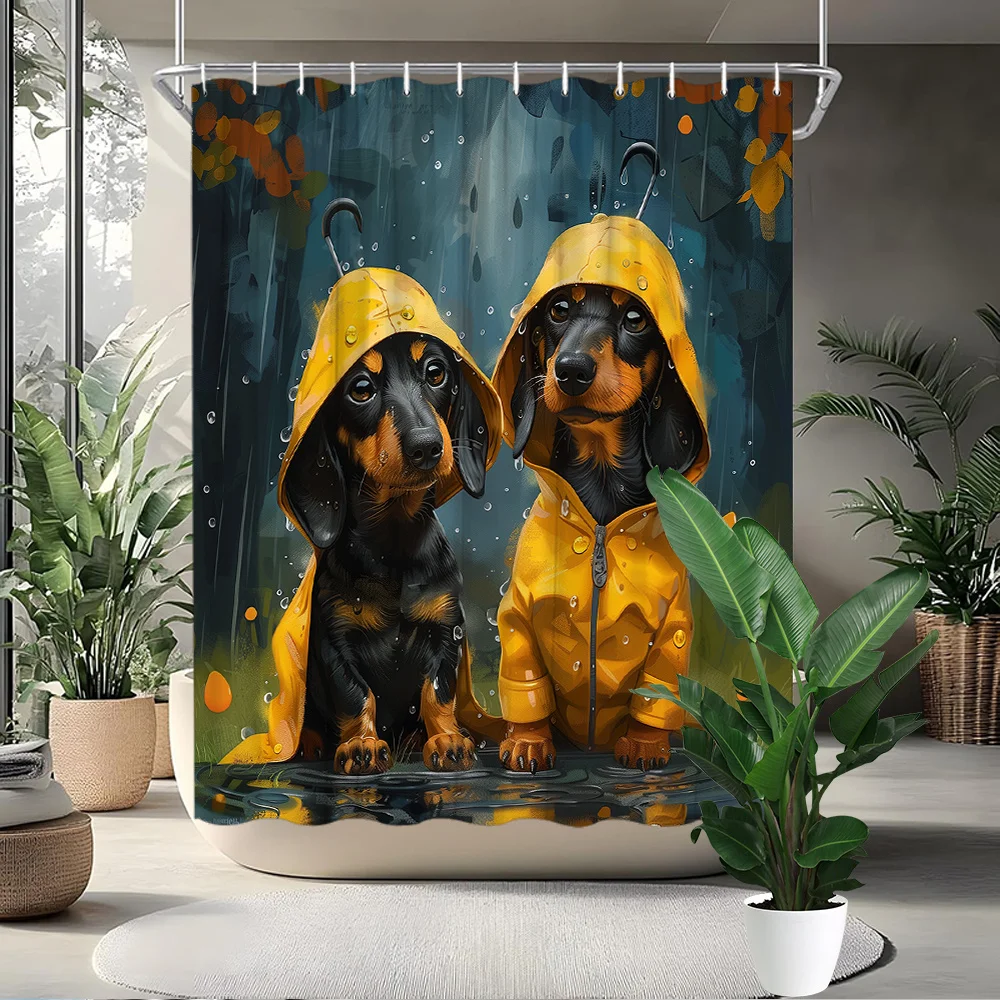 1pc 2D Flat Shower Curtain, Black And Tan Dachshund in Yellow Raincoat Rainy Forest Printed Shower Curtain, Decor for Bathroom