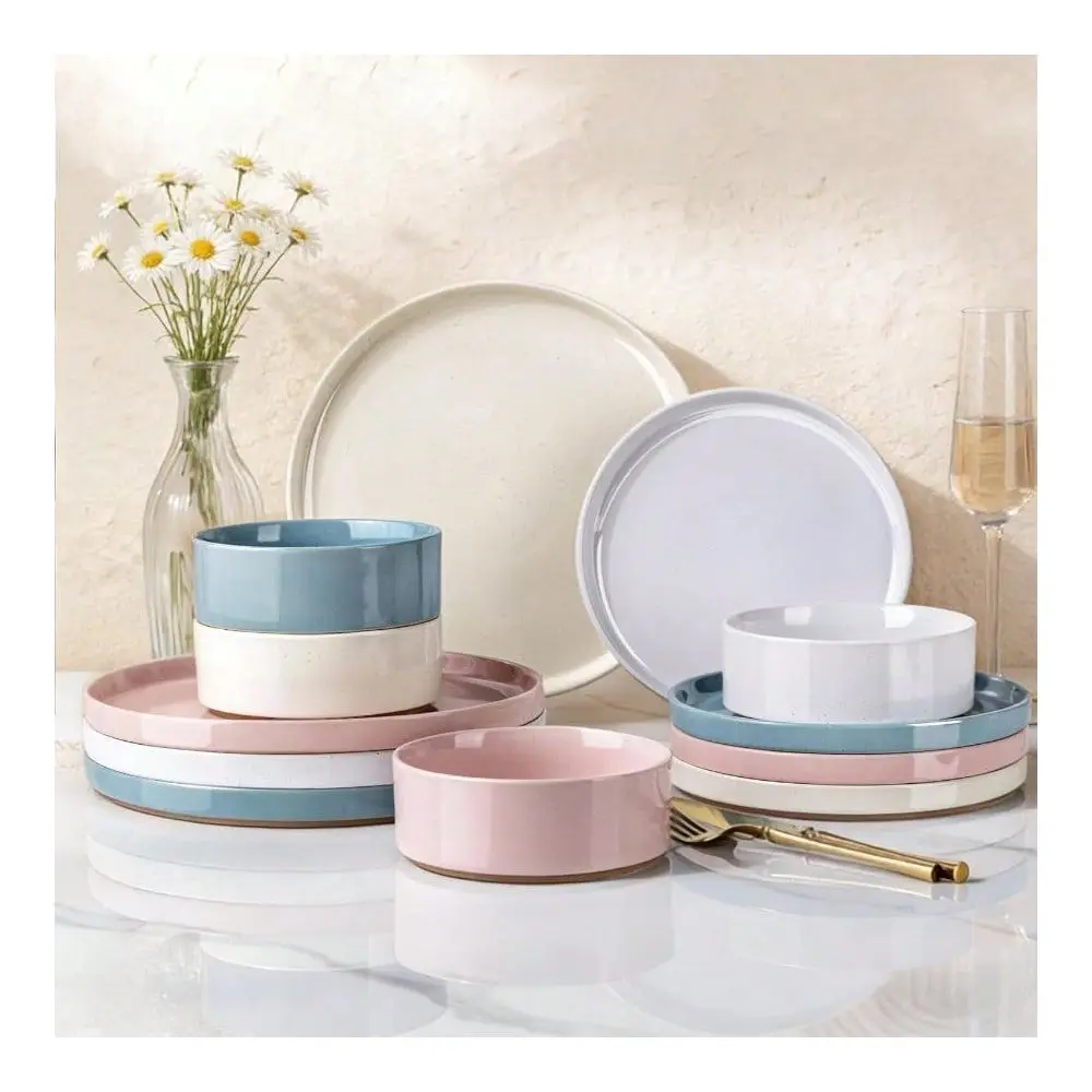 

Dinnerware Set For 4 Handpainted Stoneware Plates And Bowls With Rustic Unglazed Terracotta ch Resistant, Dishwasher Micro