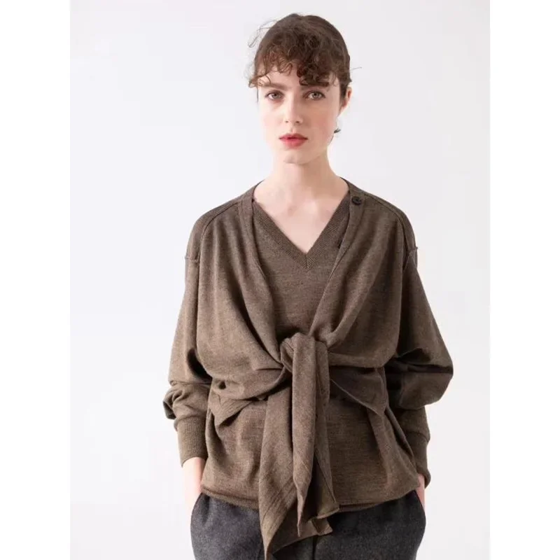 

Женский свитер LEM, свитер из двух частей, женский осенне-зимний Повседневный однобортный трикотажный свитер с V-образным вырезом