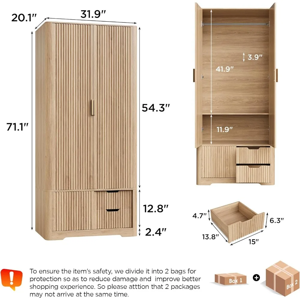 Fluted Armoire Wardrobe Cabinet 2 Doors Drawers Tall Wooden Closet with Spacious Storage for Bedroom