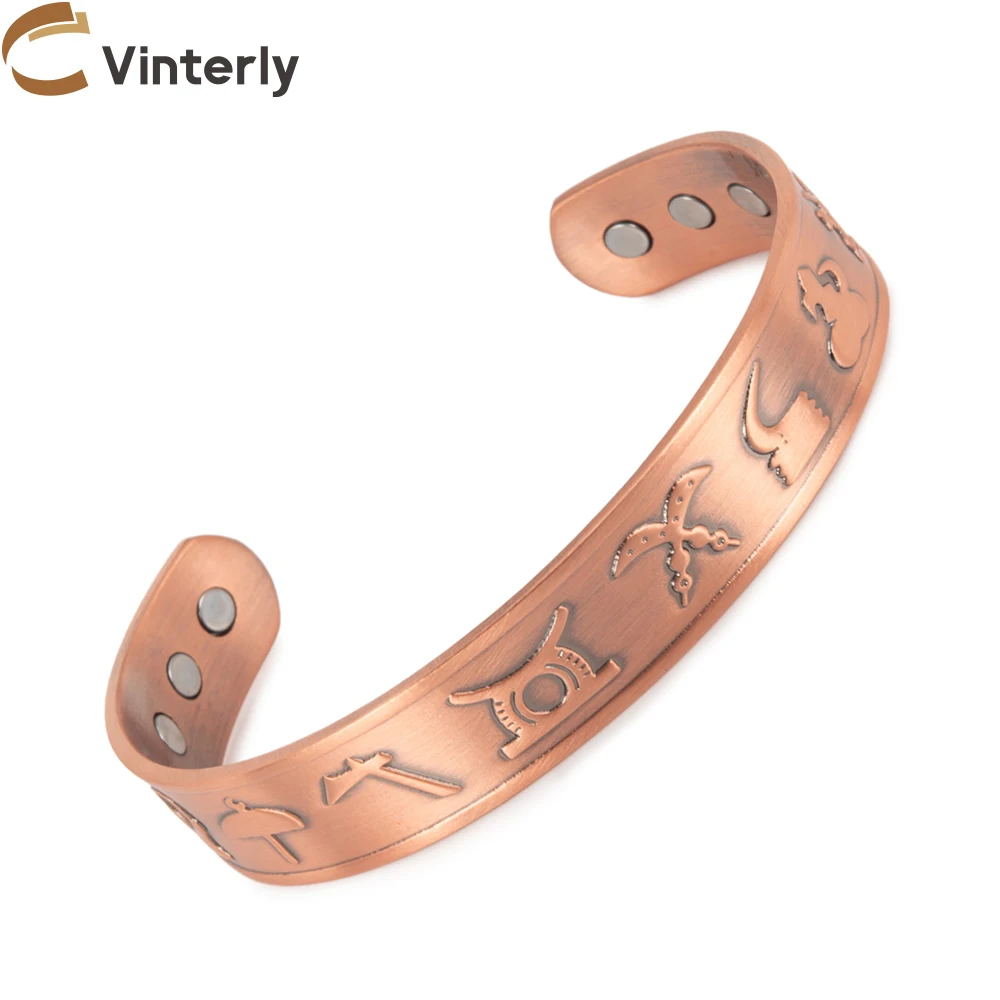 أساور من النحاس النقي Vinterly أساور مغناطيسية قابلة للتعديل أساور مفتوحة عتيقة الرموز القديمة مجوهرات الطاقة الصحية قابلة للتغيير