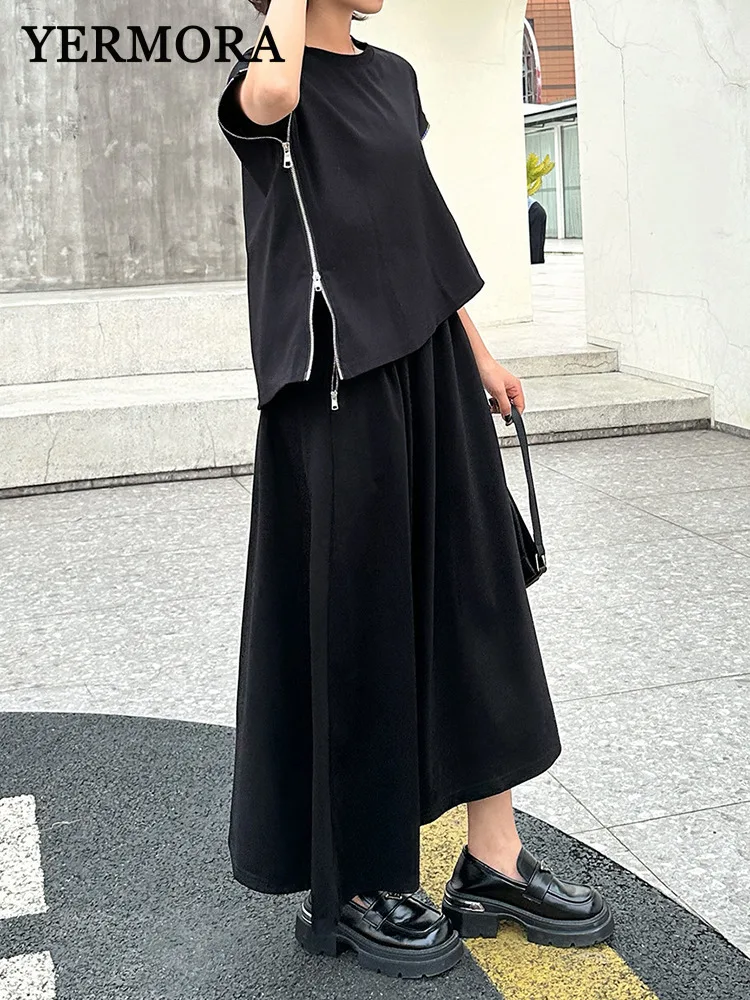 

YERMORA женский комплект из двух предметов, черная повседневная футболка на молнии, новая свободная юбка с высокой эластичной резинкой на талии и карманами, модная весна-лето 2025
