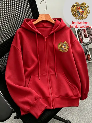 Sporty Armenia Printed Zipper Hoodies Womens Winter Fleece Warm Outerwear Oversized Pocket Jacket Casual Jogging Hooded Coat