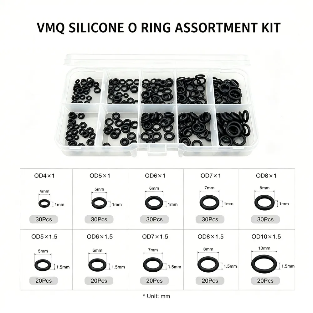 250Pcs Black Food Grade VMQ Silicone O Ring Kit CS1/1.5mm OD4-10mm High Temperature Resistant Non-Toxic Safe Sealing Rings