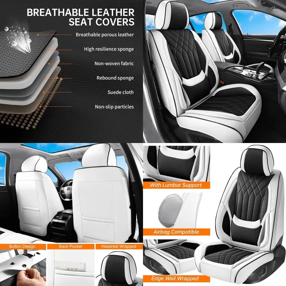 

Черно-белые чехлы на автомобильные сиденья, роскошные кожаные автомобильные чехлы на сиденья с поясничной опорой, белые внутренние аксессуары автомобиля