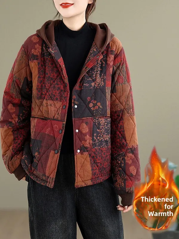 

2025 Winter Thiened Warm Retro Casual Hooded Cotton Jaet plus Size Slimming Print Sli Outerwear Ladies' Coat