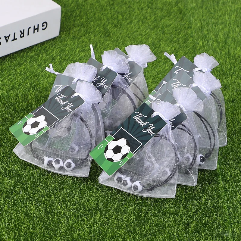 

12/24set Soccer Themed Beaded Bracelet With Thank You Card Organza Gift Bag Football Bead Kids Birthday Sports Event Supplies
