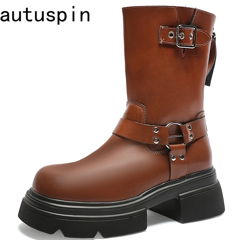 

AUTUSPIN New Women Genuine Leather Mid-calf Boots Thick Heels Brown Motorcycle Boot Female Autumn Spring Shoes Short Booties