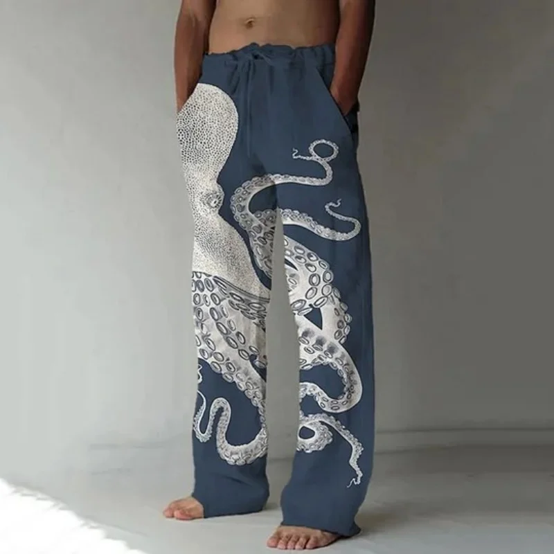 Japanese Art Octopus Graphic Printed Casual Pants Vintage Long Floor-length Trousers 2025 Autumn Men's Clothings Oversized Retro