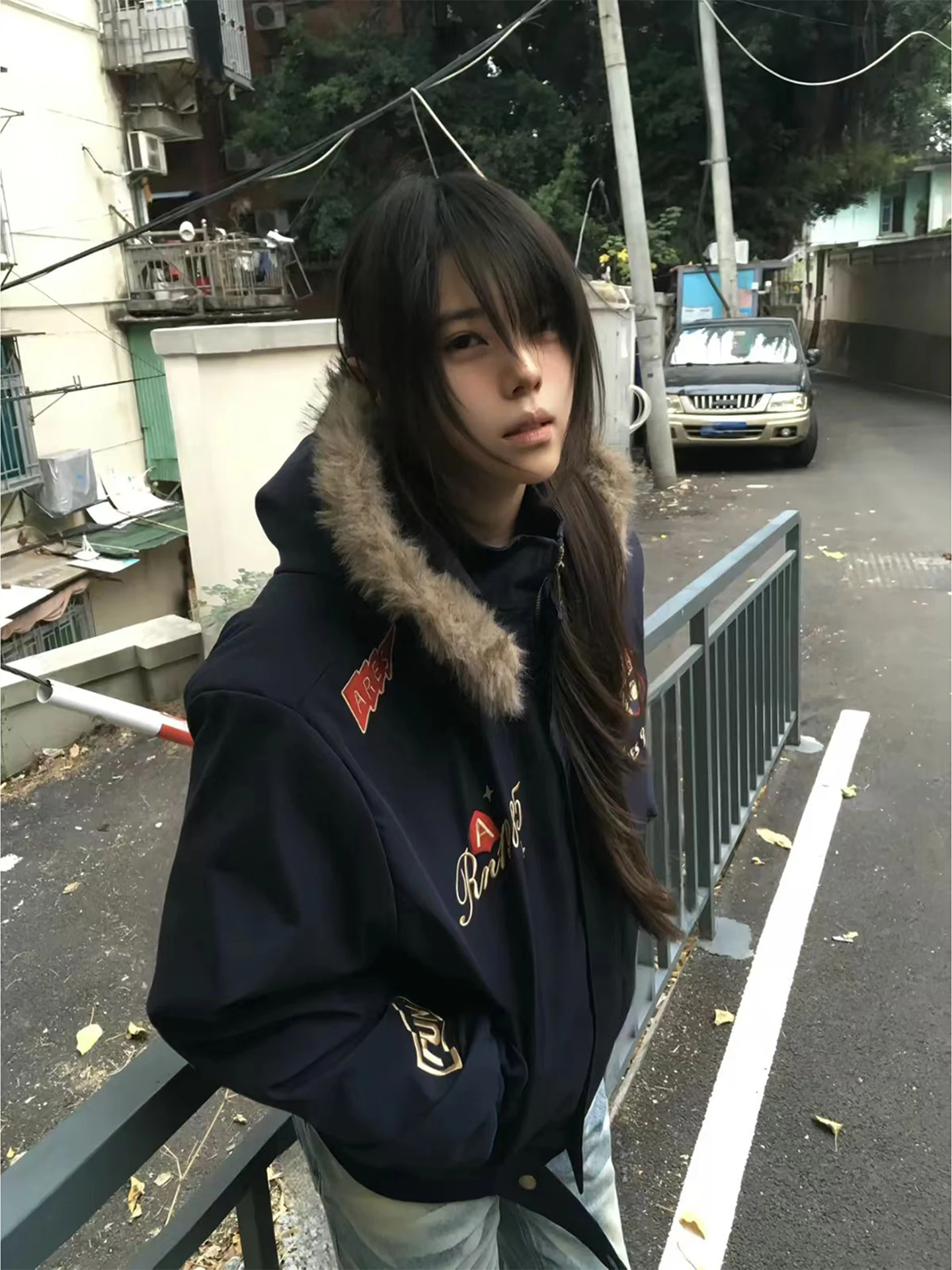 

Retro American Embroidered Bae Cotton Jaet Men's Thiened Winter Warm Outerwear Casual Sle Zipper Closure Long Sve