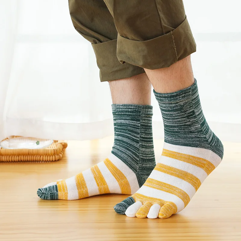 5 Đôi Tất Nam Harajuku Năm Ngón Tay CrewSocks Mans Bé Trai Retro Hàn Quốc Giữa Ống Lớn Sọc Cotton Dày Dặn Ấm Thường Ngày tất Có Ngón Chân