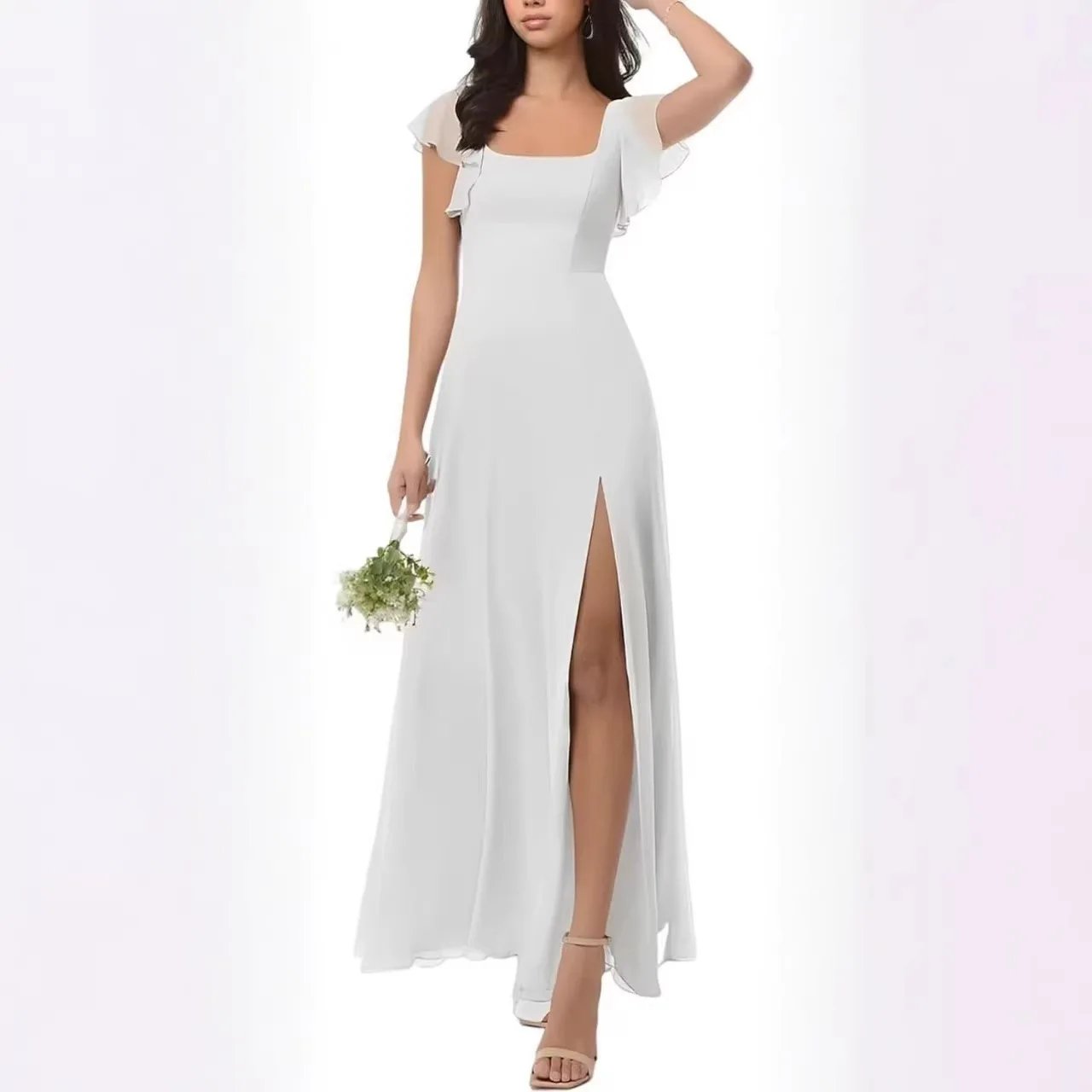 Abito da damigella d'onore QMANSHA in chiffon con scollo quadrato, maniche corte a volant e spacco laterale alto, lungo fino ai piedi