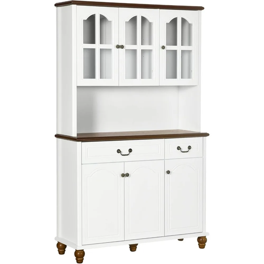 Kitchen Hutch with Soft Closing Window Pane Doors, Freestanding Storage Cabinet with 2 Drawers and 3-Level Adjustable Shelves