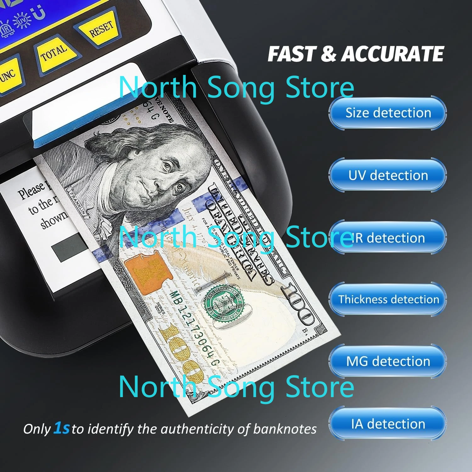 Portable Counterfeit Bill Detector, Rechargeable Fake Bill Detector 4-Way Detection, for Multiple Currencies with Value Display