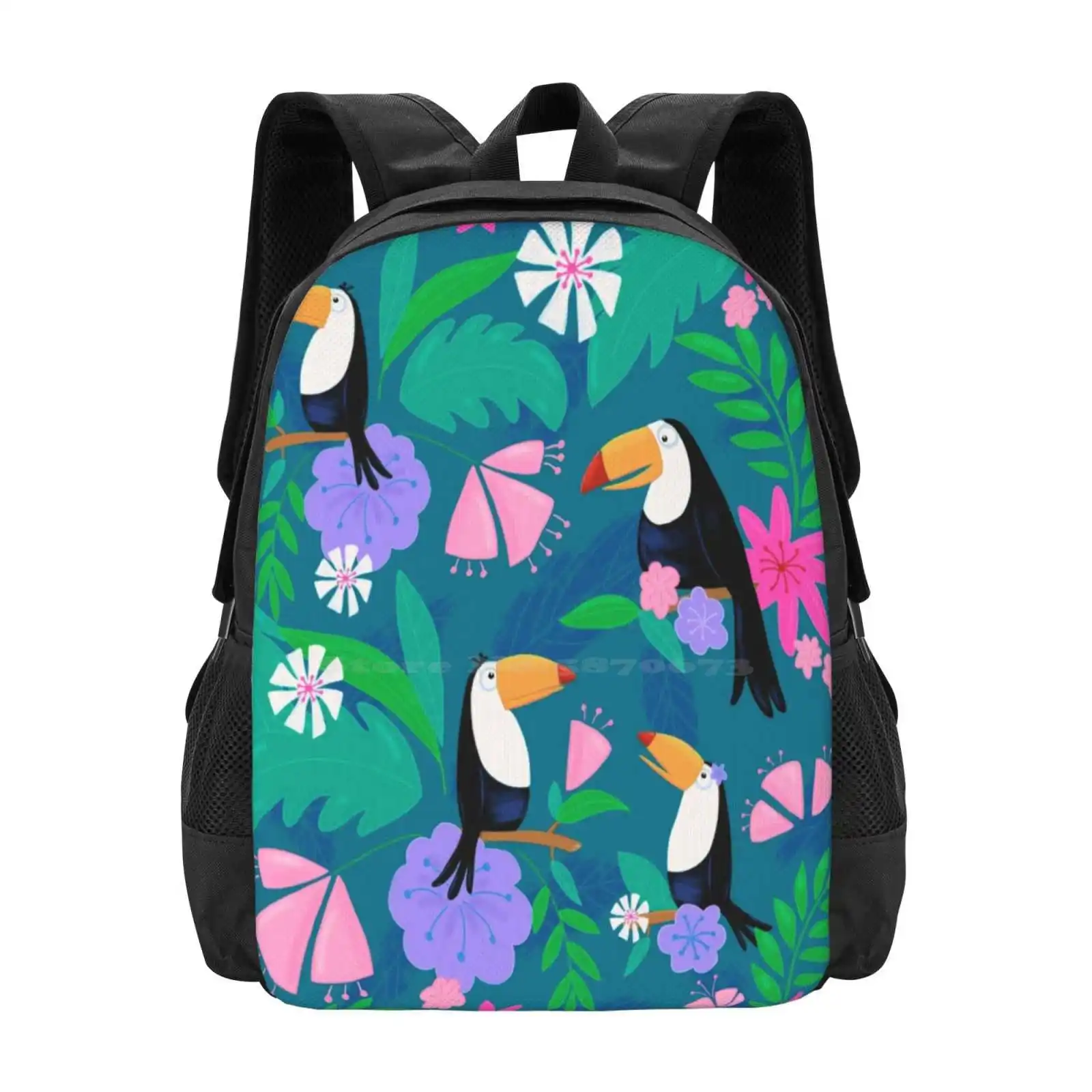 Tropical Toucan Jungle Bag Backpack For Men Women Girls Teenage Toucans Tropical Jungle Leaves Leaf Birds Cute Colourful Green