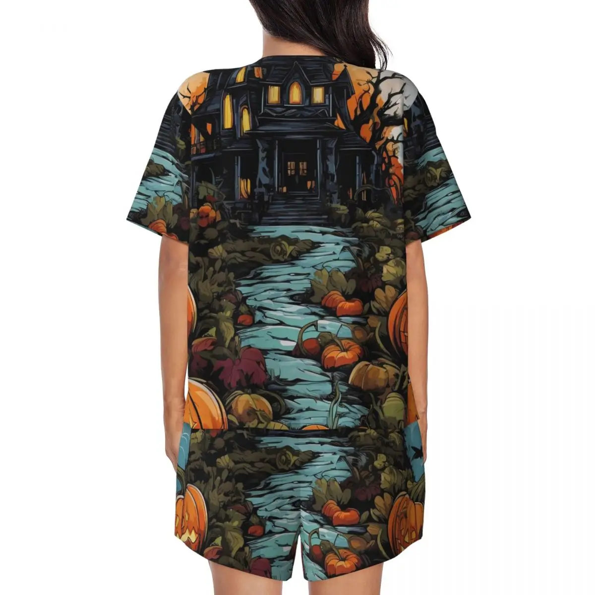 Vegan Haunted Mansion Pajamas Spooky Halloween Casual O Neck Nightwear Women Two Piece Custom Short Sleeve Fashion Pajama Sets