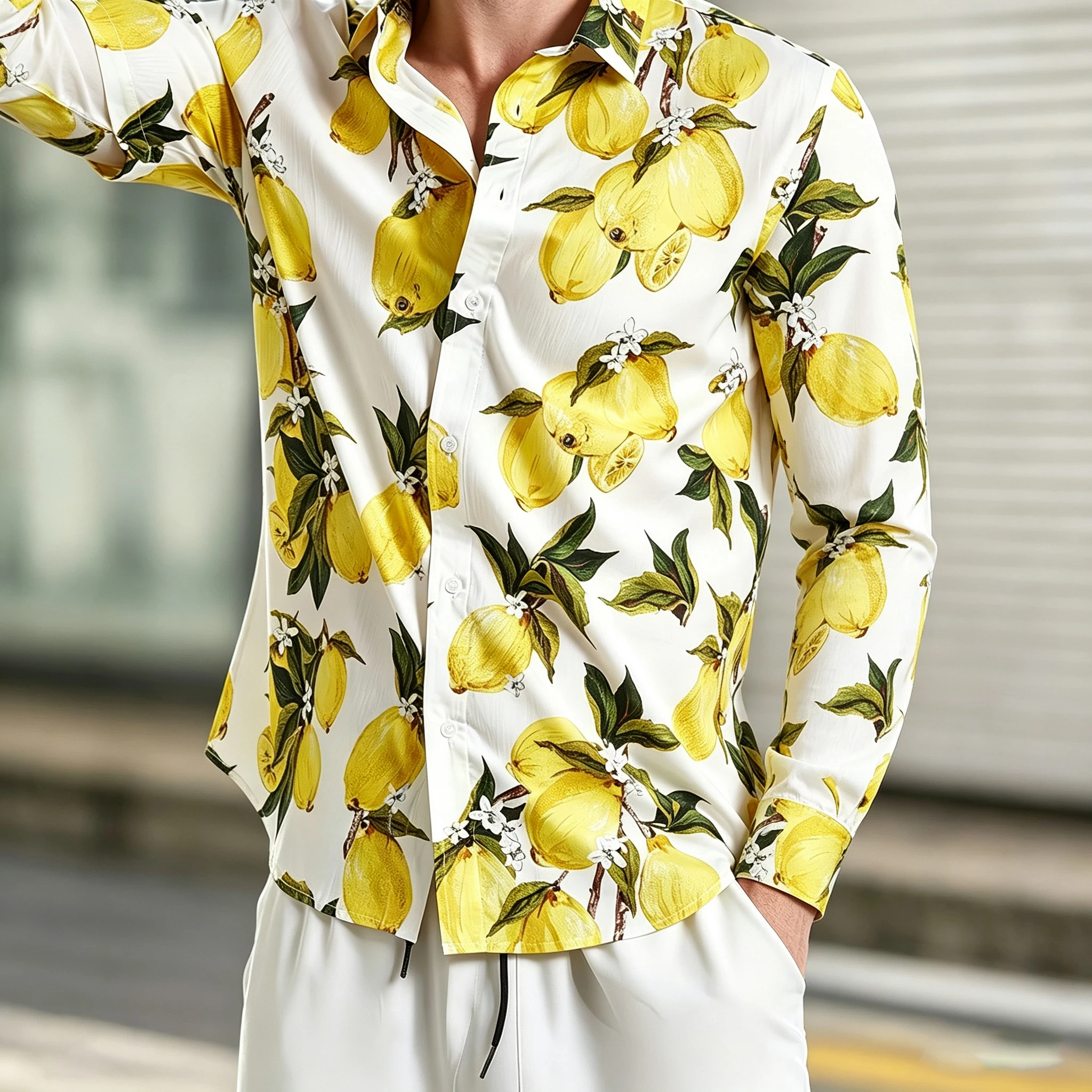 Fresh yellow lemon foliage and floral all-over print men's long-sleeved shirt, Hawaiian beach vacation collared shirt