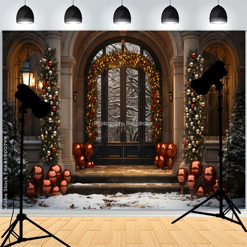 Christmas Day Wreach Snowflake Photography Backdrops Fireplace Winter New Years Cottage Living Room Decoration Background CC-02