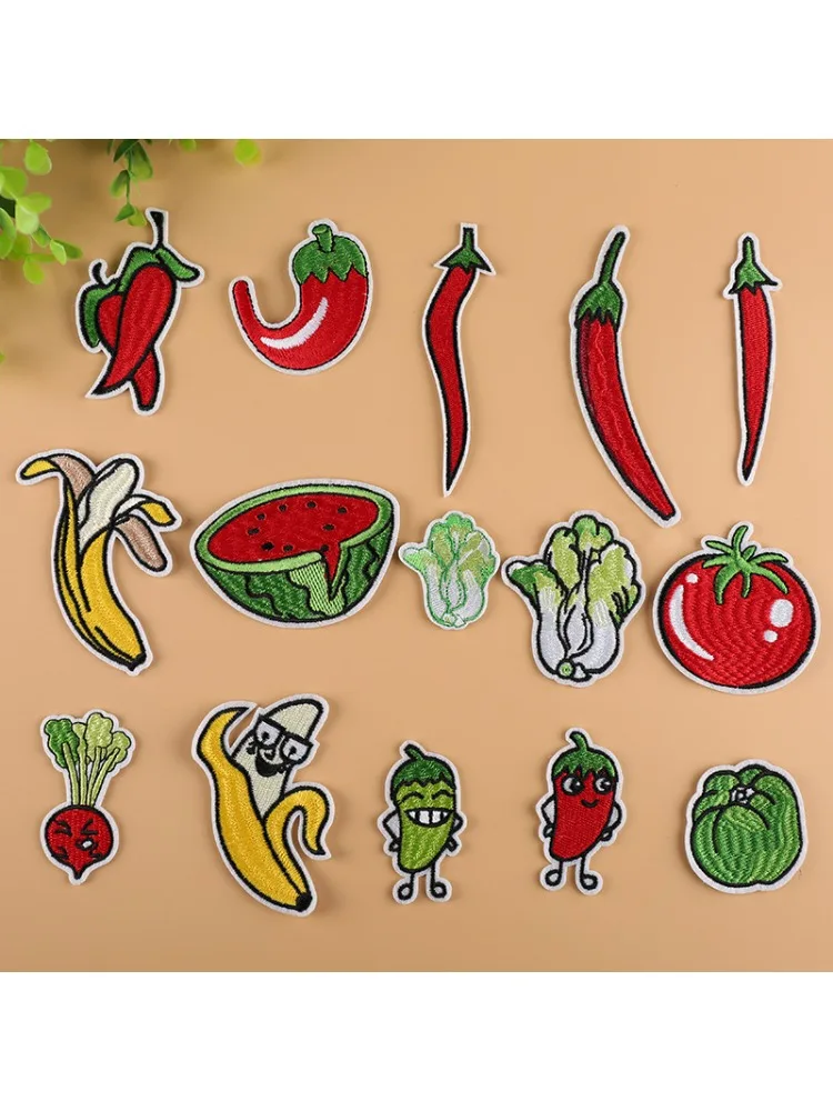 Dessin animé légumes fruits brodé tissu Appliques Chili chou tomate maïs poivre mignon fer sur patchs pour Chef tablier décor