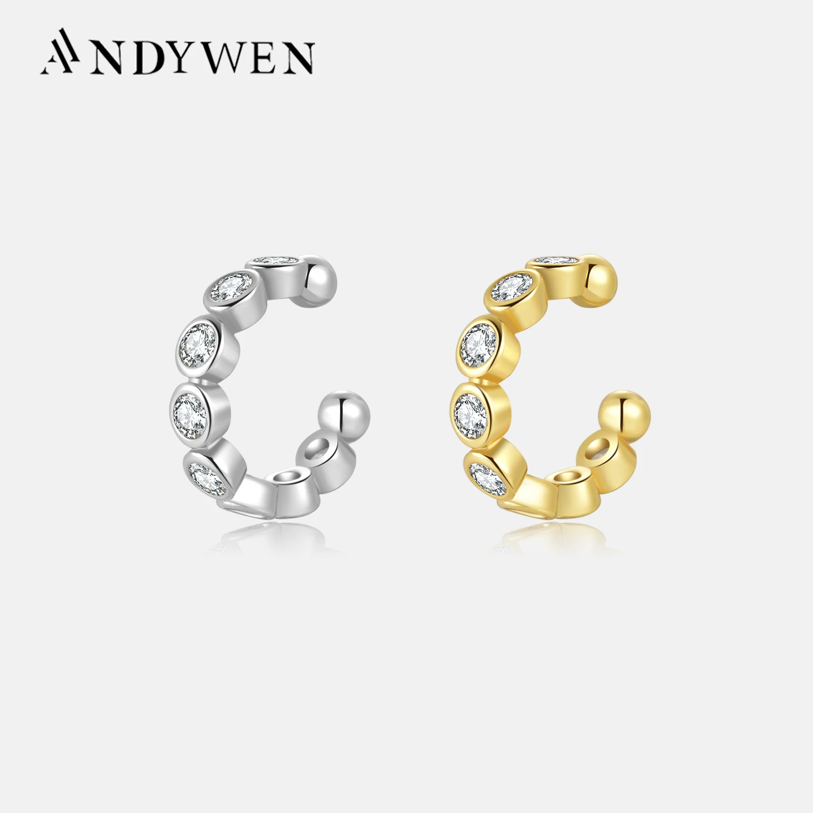 ANDYWEN 925 Sterling Silver 2023 Clear CZ Rock Punk Non Cuff Earring Piercing Clips Earcuff Rock Punk Crystal Fine Jewels