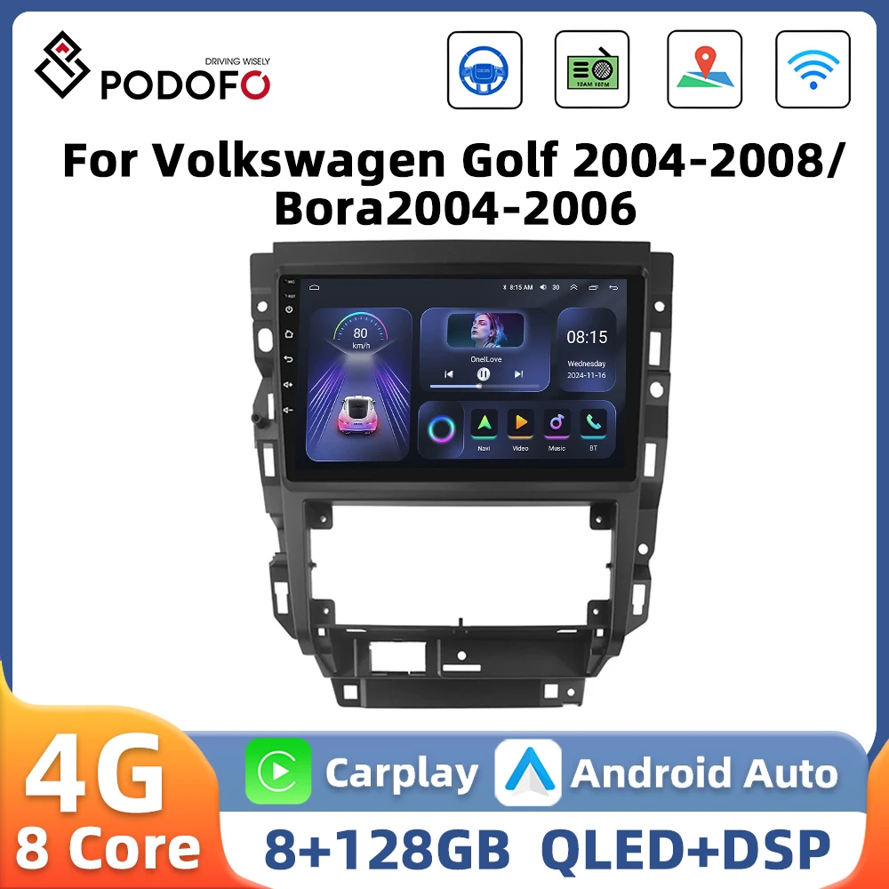 Podofo 9'' AI Voice Car Radio For Volkswagen Golf 2004-2008/Bora 2004-2006 Multimedia Player 8Core 8+128G Carplay Android Auto