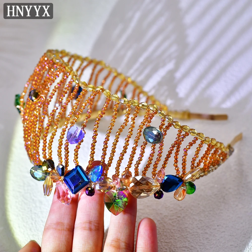 

HNYYX Crystal Beaded Headband Yellow Luxury Wide Rhinestone Hairhoop Shiny Baroque Headwear Party Hair Accessories for Women A58