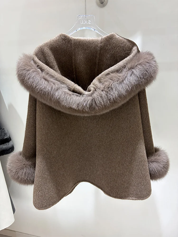 2026 Winter Women's Warm Real Natural Fox Fur Collar Hooded Coat Wool Cloak Cashmere Jacket Luxury Thick Female Coat
