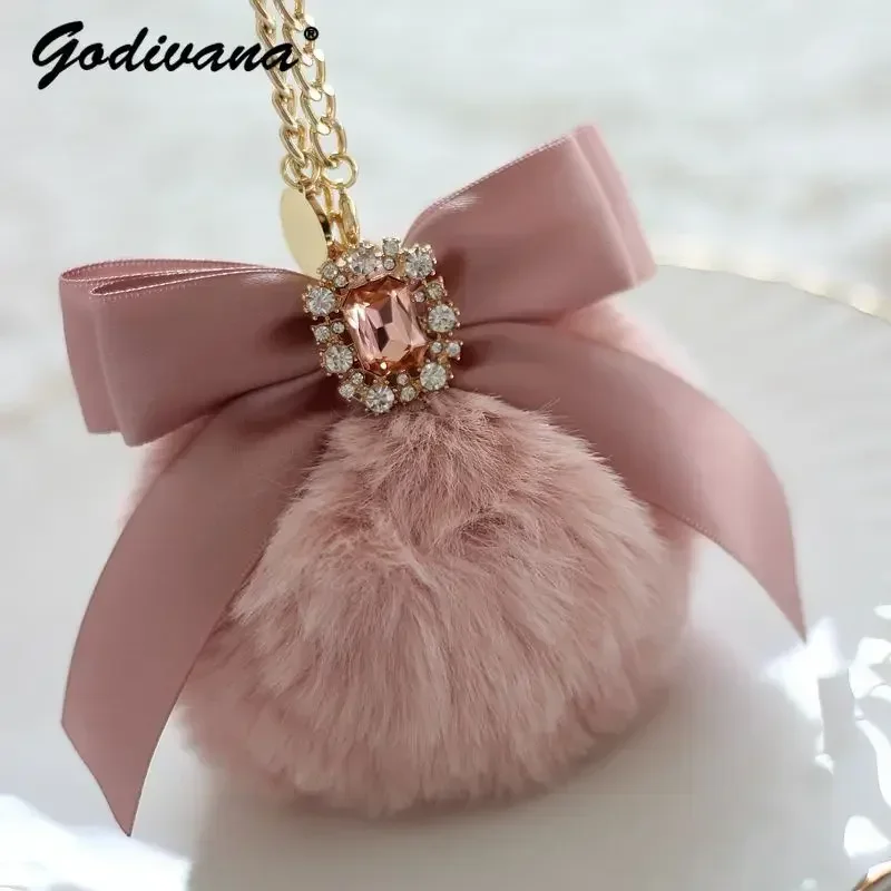 Japanese Pearl Rhinestone Gem Bow Fur Ball Bag Charms Handmade Dream Bag Hanging Chain Pendant Fuzzy Ball Pendant for Handbags