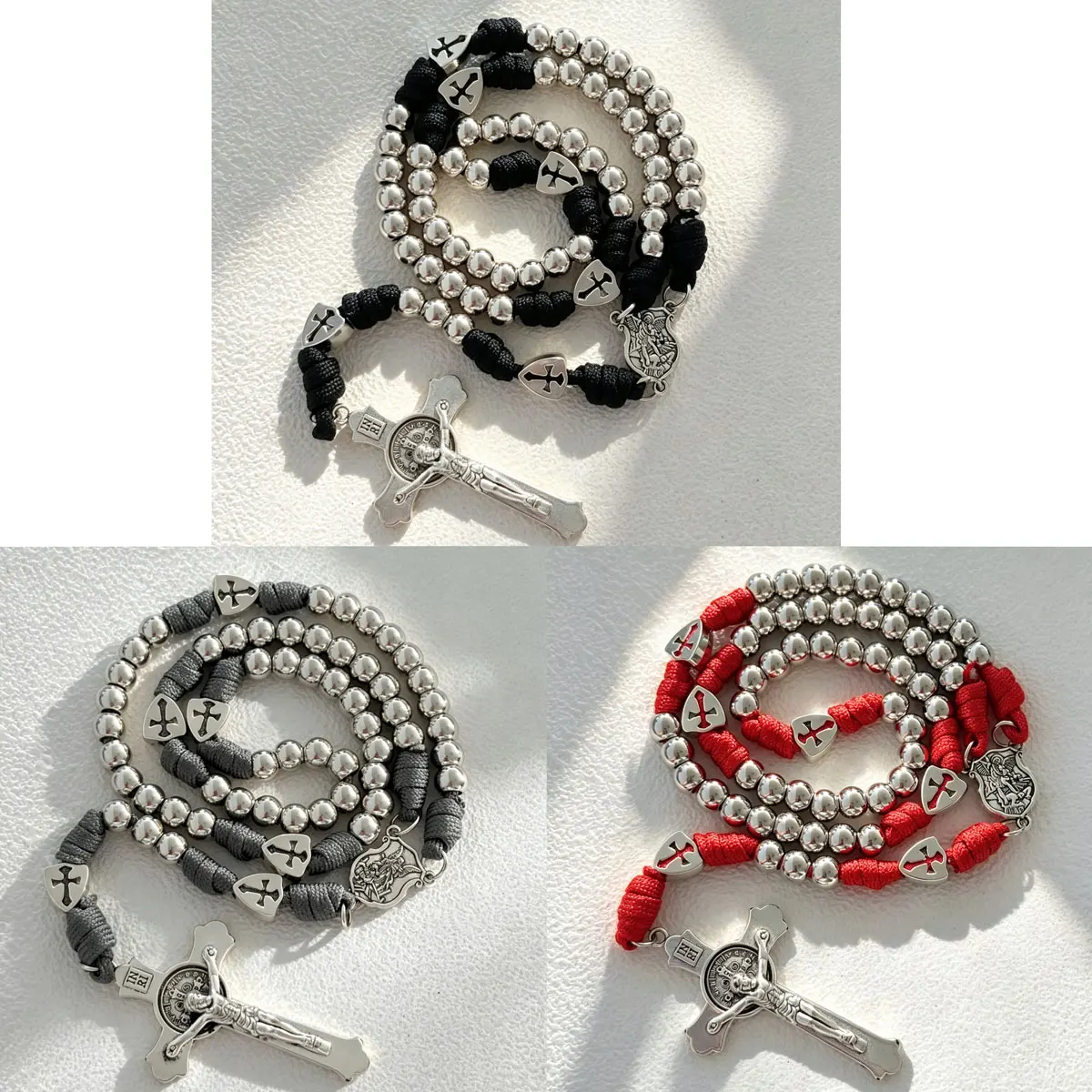 1Set Paracord Rosary with St. Benedict Crucifix Michael Medal Metal Beads - Catholic Prayer Rope Necklace Religious Gift