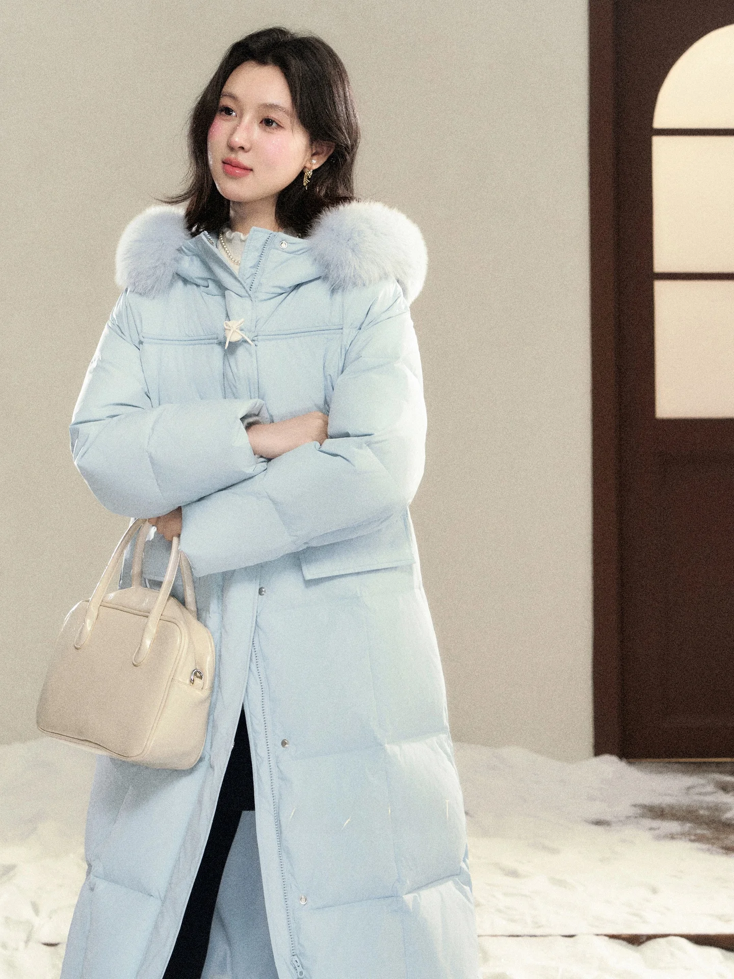 

Зимняя синяя пуховая куртка South Deer для женщин, длинная, модная, универсальная, с меховым воротником, съемным капюшоном, повседневного кроя, стандартный размер