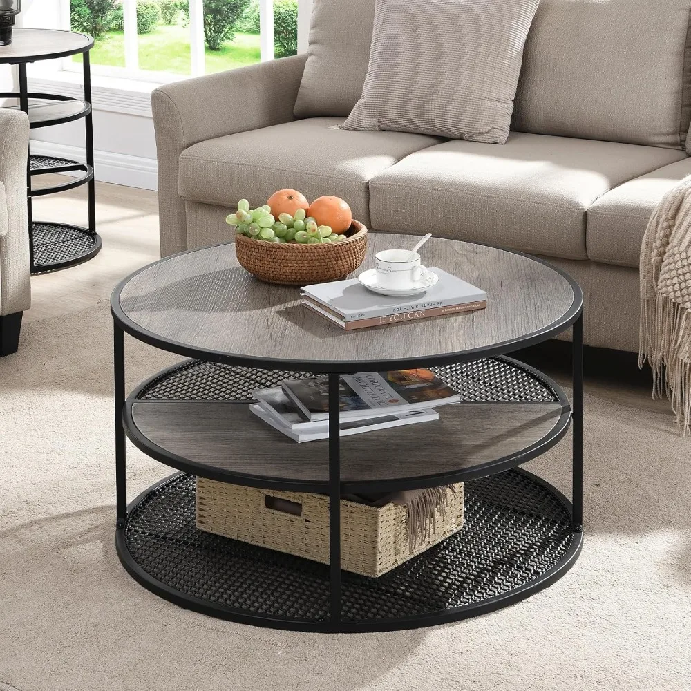 

Round Coffee Table Living Room Tables with Storage 31.5 Inch, 3-Tiers Rustic Industrial Wood Metal Modern Circle Table