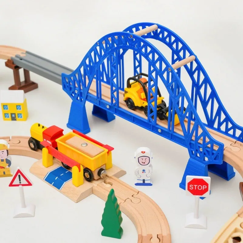 Assembled Wooden Train Track Set City Blue Bridge Scene Tracks Compatible with Brand Wooden Tracks Railway Toys for Kids Gift