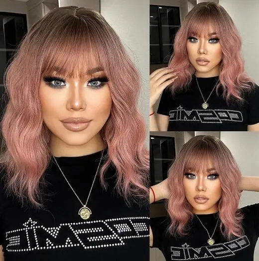 

Short Pink Wig with Bangs Synthetic Curly Dark Roots Wigs for Women Shoulder Long Cosplay Daily Hair Heat Resistant