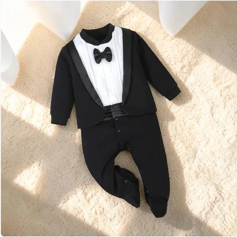 

Tuxedo Baby Grow Tux Dinner Jacket Newborn Bodysuit Long Sleeve Sleeved Legs Wedding Formal Costume Top Romper Bow tie Gift