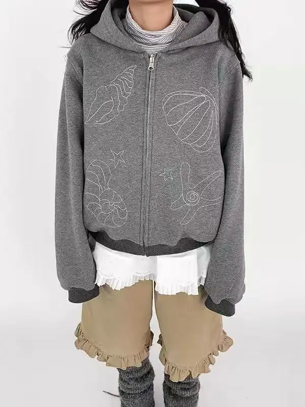 Retro Embroidery Contrasting Color Hooded Cardigan Jacket Sweatshirt Women's Autumn New Loose Design Couple Coat