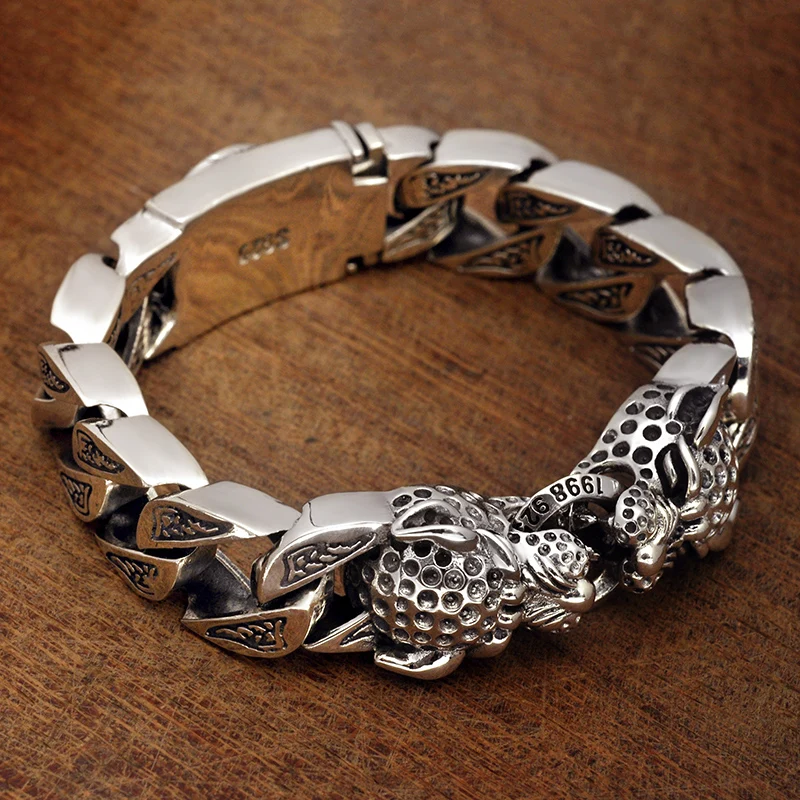 

S925 Silver Men Leopard Horsetail Woven Double Leopard Head Bracelet Locomotive Cool Buckle Men's Silver Chain Wristband Bangle