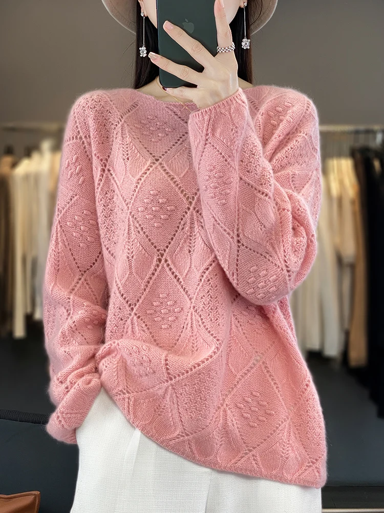 100% Merino Wool Women's O-Neck Pullovers Sweaters  Autumn Winter Fashion Loose Hollow  Female Cashmere Knitwear Clothing Tops