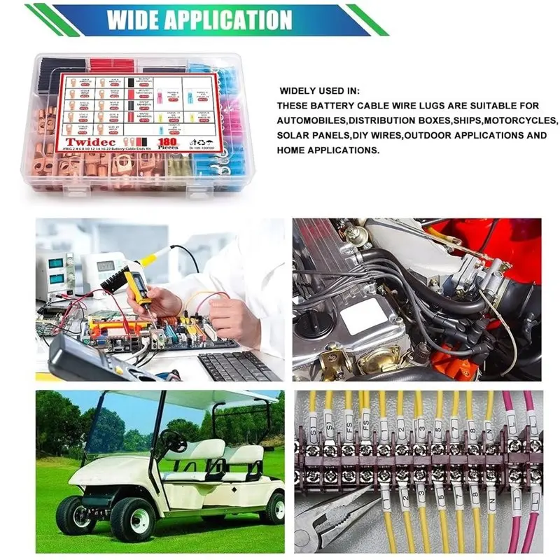 [NEW!A93G】 180-Piece Battery Cable Lug Set(AWG 2,4,6,8,10,12,14 16 Gauge)