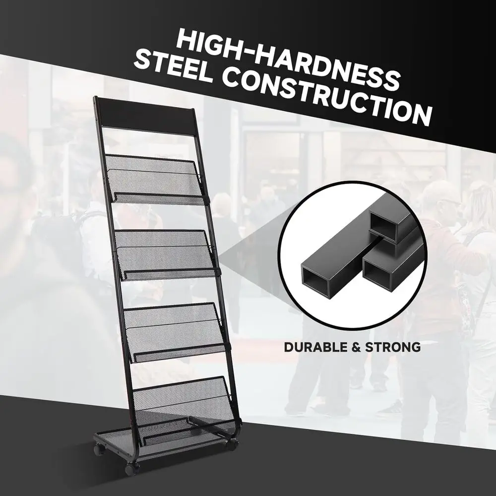 4-Tier Rolling Magazine Rack for Exhibitions, Offices, and Information Centers