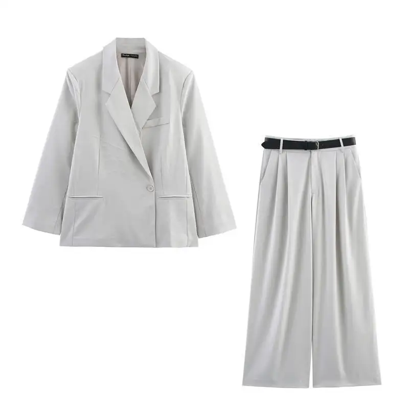 ชุดสูทสีพื้นสำหรับผู้หญิง ฤดูใบไม้ผลิ/ฤดูร้อน เสื้อแจ็คเก็ตและกางเกงจีบสองชั้น สไตล์ลำลองแบบยุโรป ผ้า PVC เอวกลาง-ต่ำ