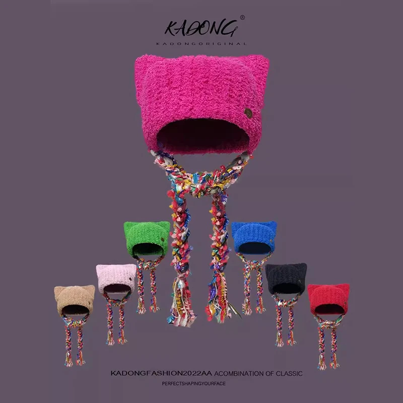 

Sweet Color Tassel Braid Beanies Caps for Women Autumn and Winter Fashion Warm Retro Ethnic Style Cute Cat Ears Pullover Hat