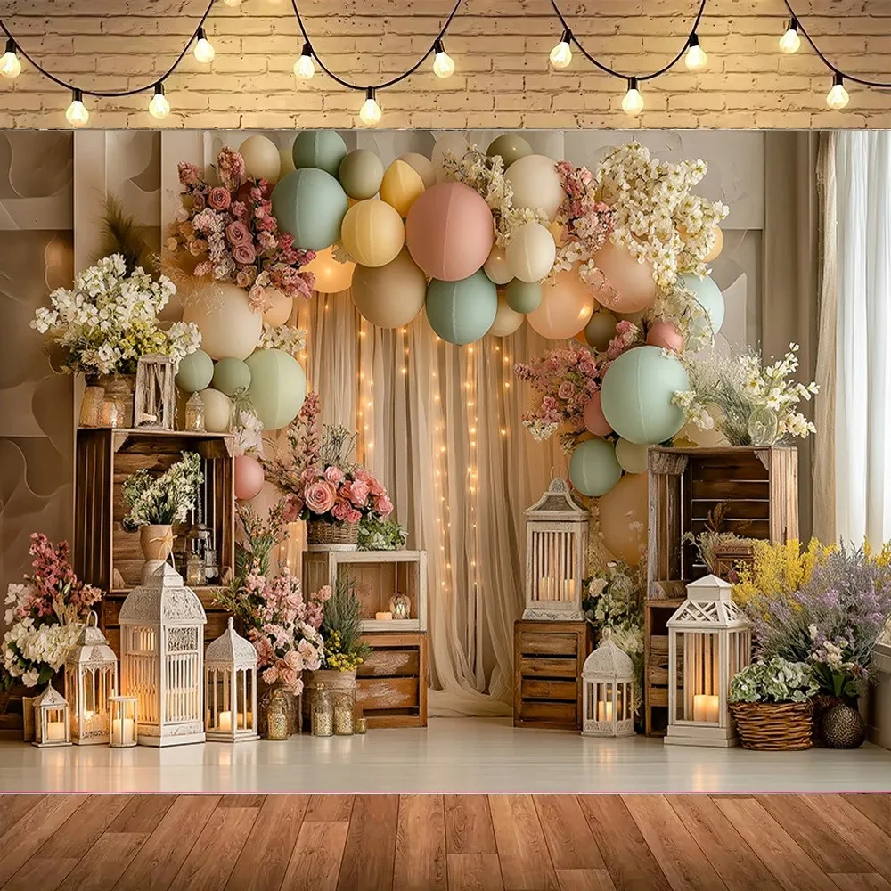Spring Flower Wooden Arches Theme Party Banner Photography Background, Children's Birthday Party Decoration Photography Backdrop