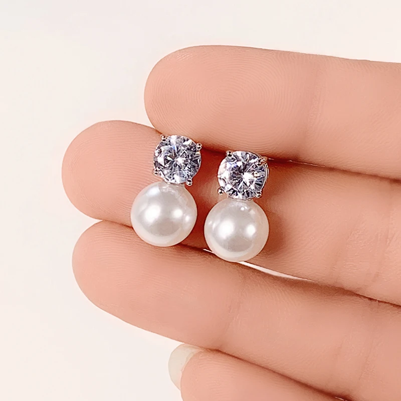 Huitan Dainty Women Imitation Pearl Stud Earrings Silver Color Eternity Wedding Earrings Daily Wear Temperament Elegant Jewelry