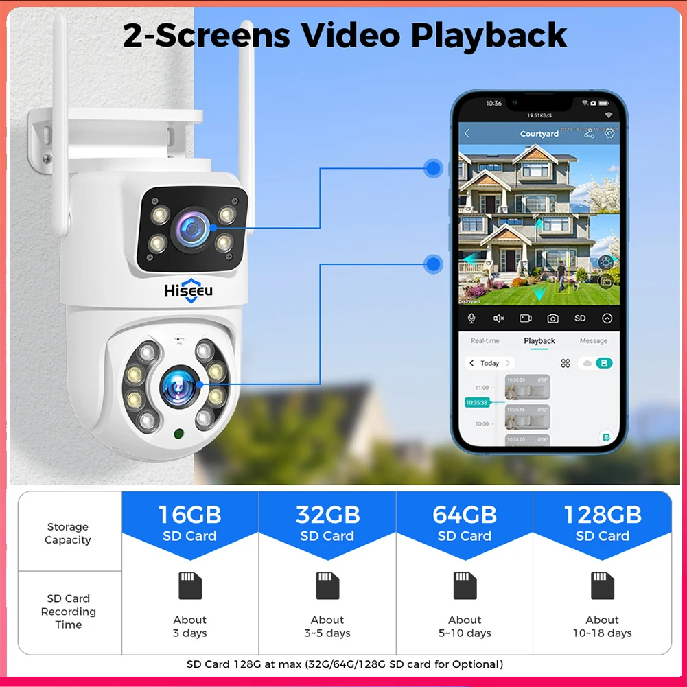 Hiseeu 4K 6MP Outdoor WiFi Camera Dual Lens Double Screen 2-way Audio Color Night Vision Auto Tracking AI Human Detection