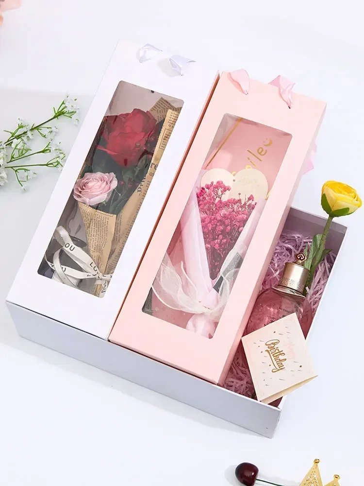 Bunga persegi panjang tahan air tas tangan Hari Valentine pernikahan pesta Showcase tas buket kemasan kotak kertas bunga