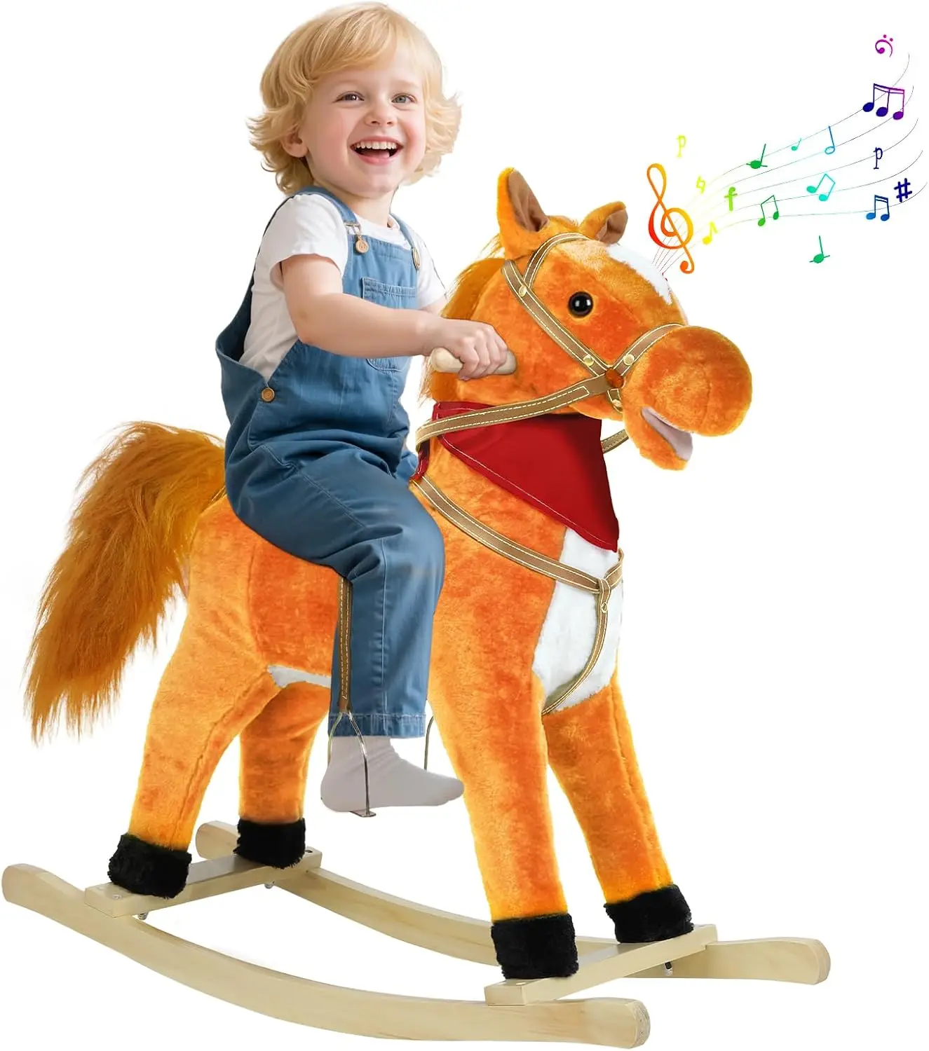 Rocking Horse Ages 1-3, Plush Ride On Animal with Wooden Rockers, Sounds