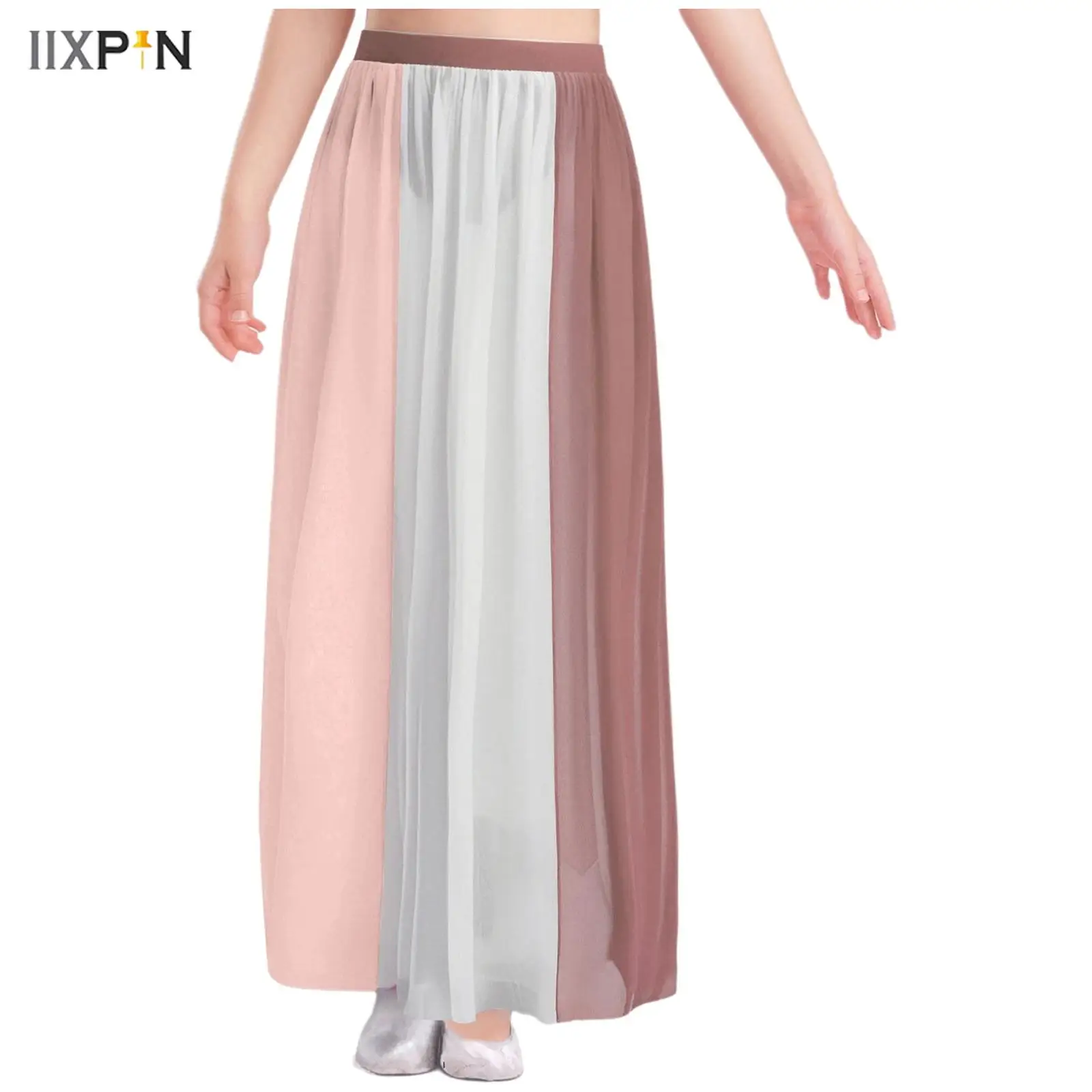 

Kids Girls Chiffon Modern Lyrical Dance Skirt Elastic Waistband Color Block Split Flowy Hem Long Skirt with Built-in Briefs
